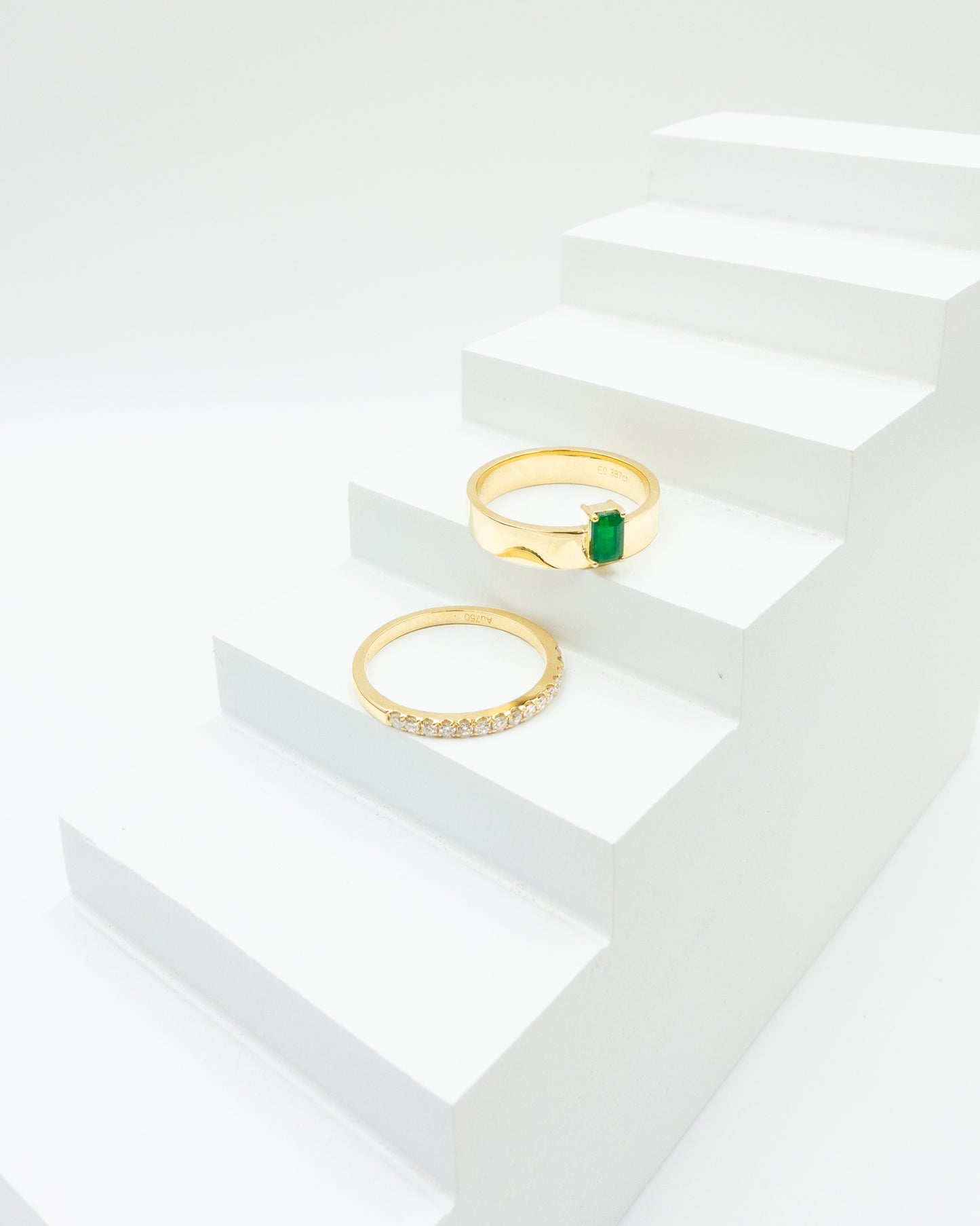 Baguette Cut Emerald Pavé Diamond Stack Rings