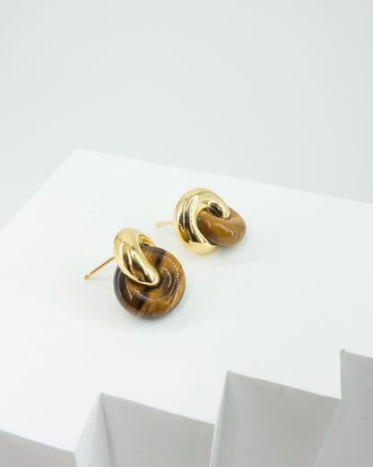 Tiger Eye Stone Link Stud Earrings