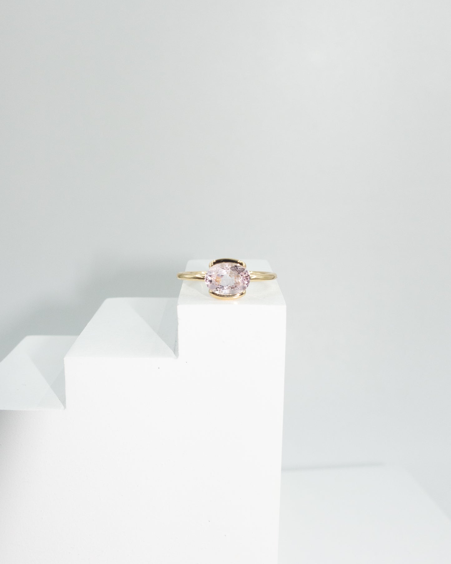 Oval Shape Pink Morganite Half Bezel Solitaire Ring