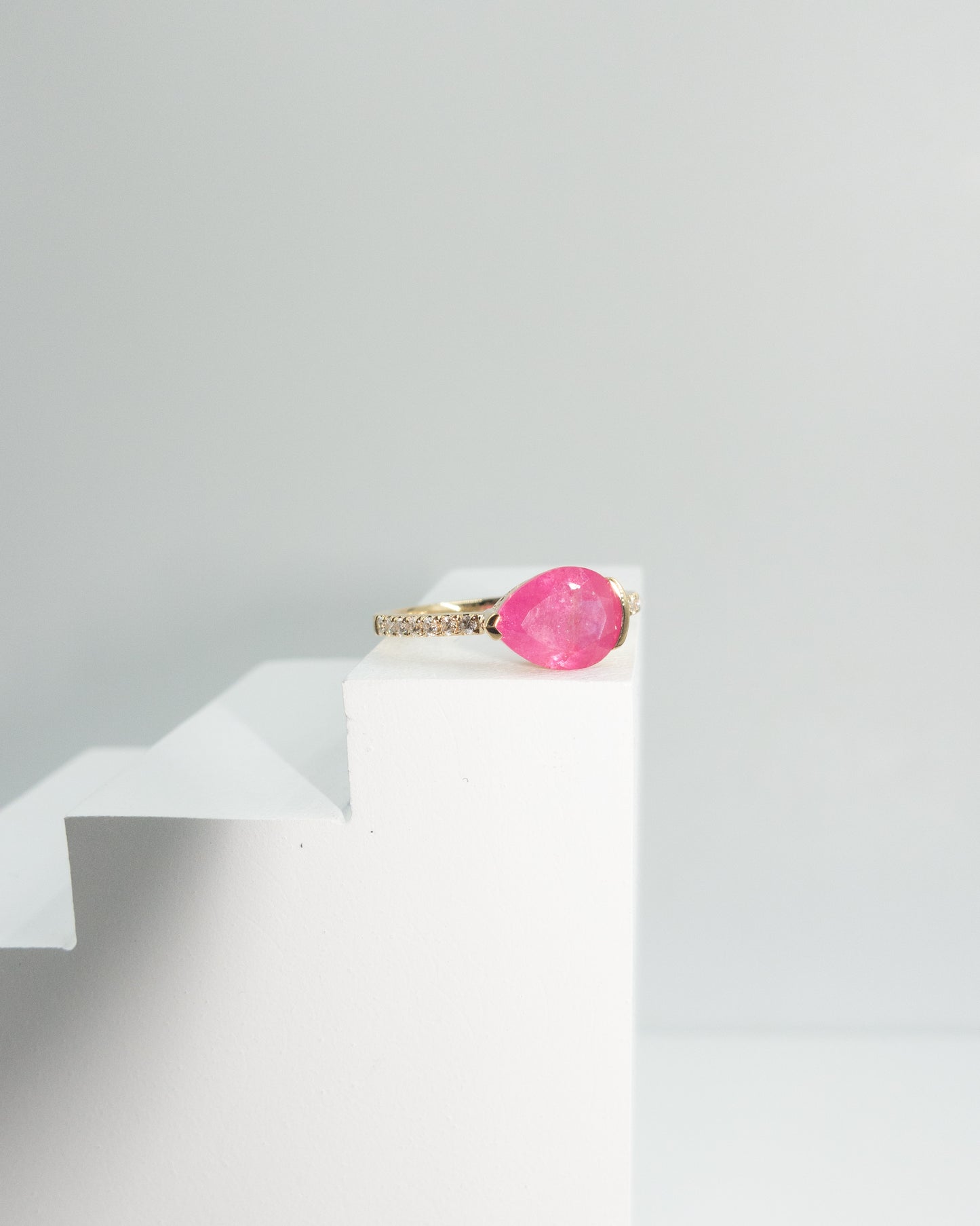 Pear Shape Pink Ruby Half Bezel Solitaire Pavé Diamond Ring