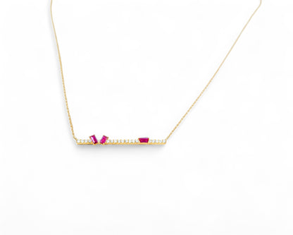 "Aurora" baguette cut ruby with diamond bar necklace