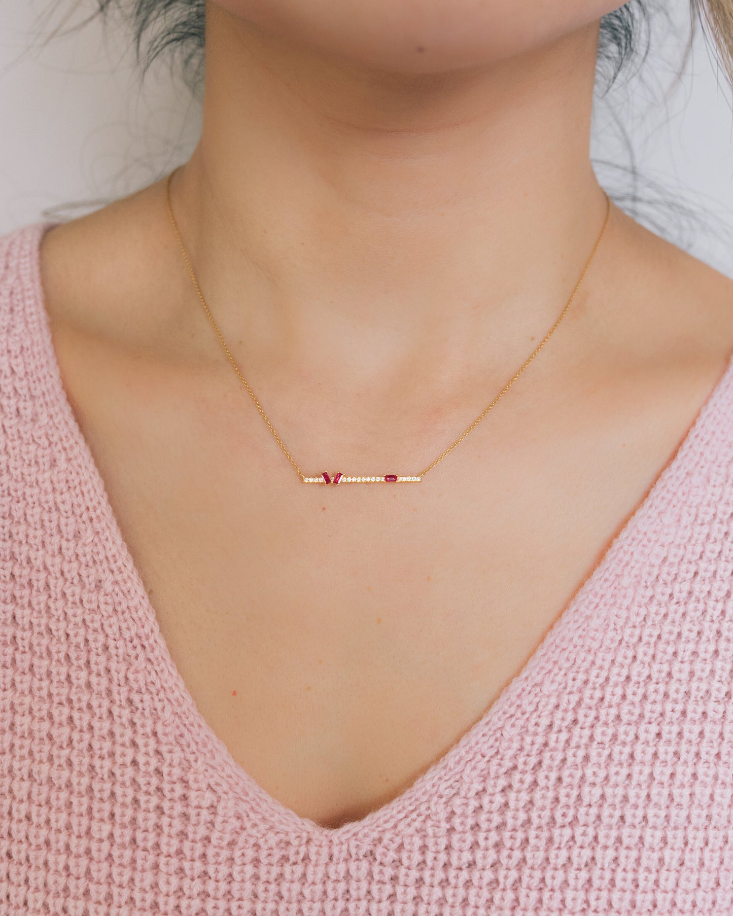 "Aurora" baguette cut ruby with diamond bar necklace